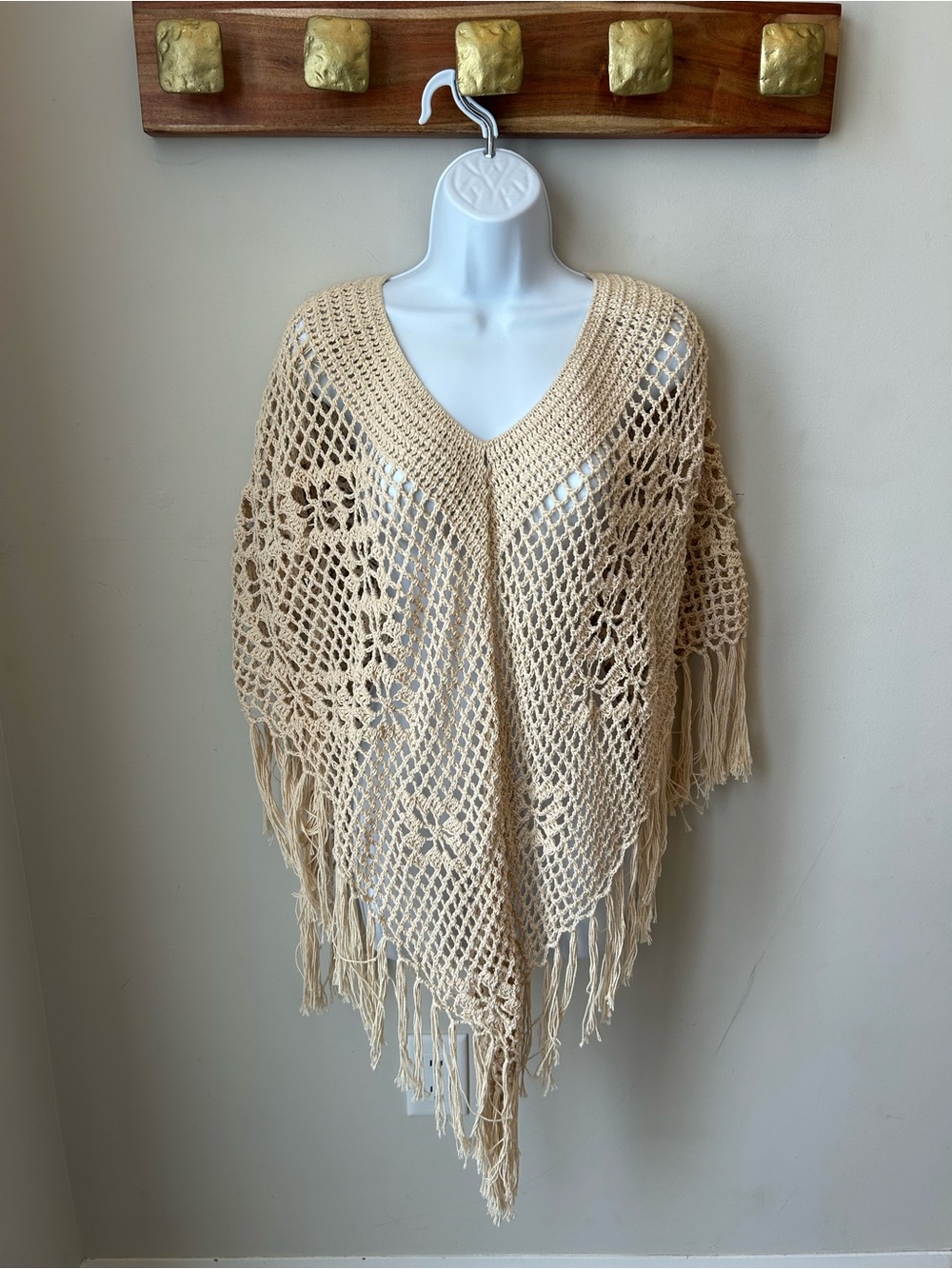 Boho Beige Crochet Poncho with Fringe - Festival Mermaidcore Beachy OS